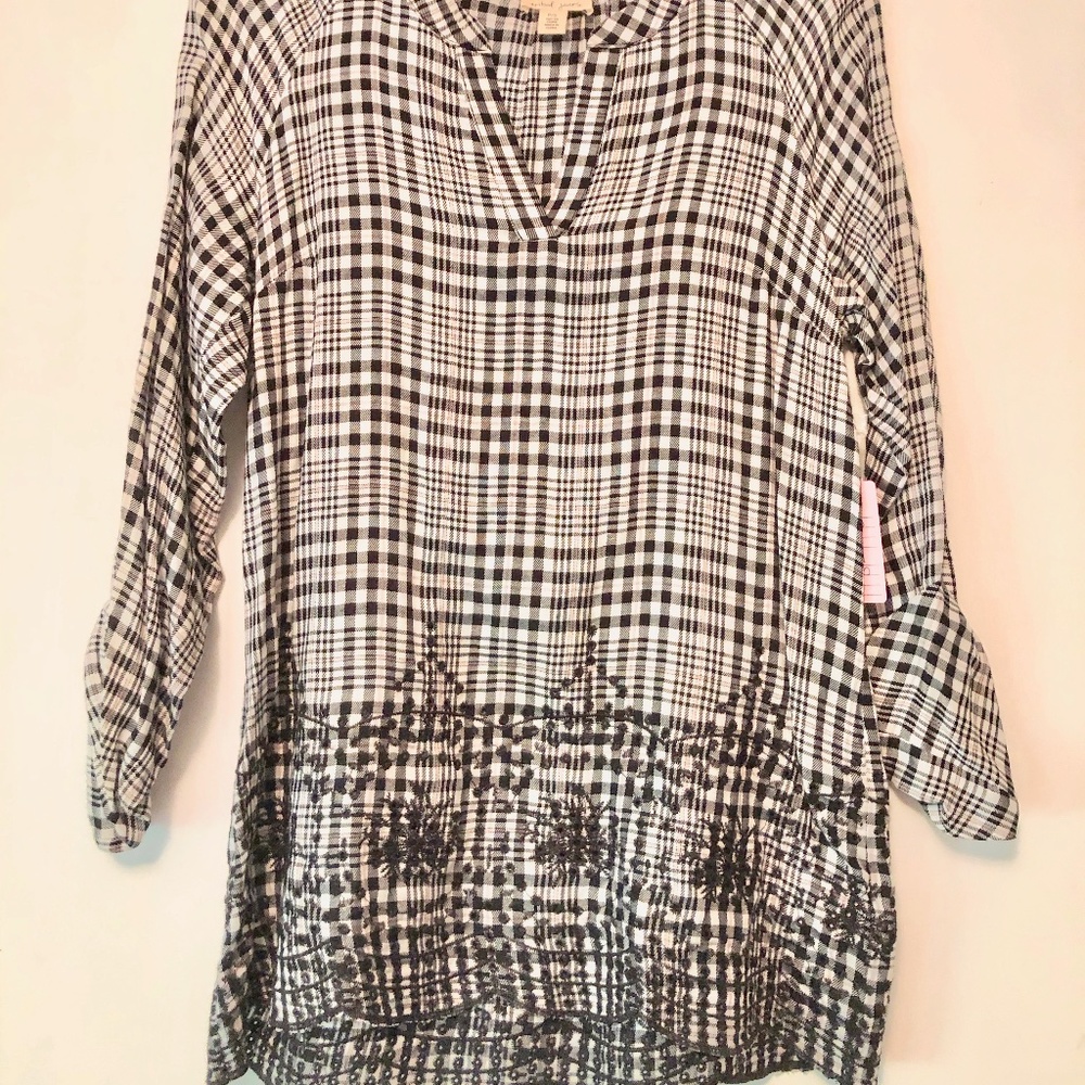 Black White Check Embroidered Trim Tunic